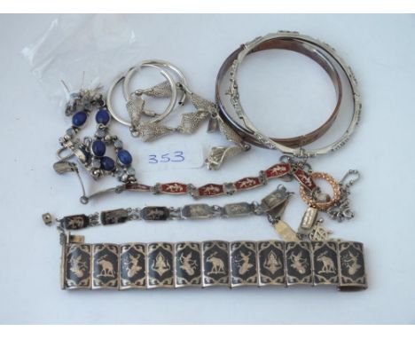 Mixed silver bracelets, earrings, silver rose plated ring, Niello bracelets