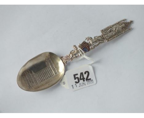 Edward VII silver &amp; enamel coronation spoon, bowl cast with Westminter Abbey - B'ham 1902