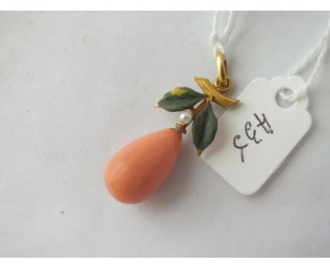 Unusual vintage gold pendant in the form of a pear, suspending a coral fruit with enamel leaves &amp; single pearl above