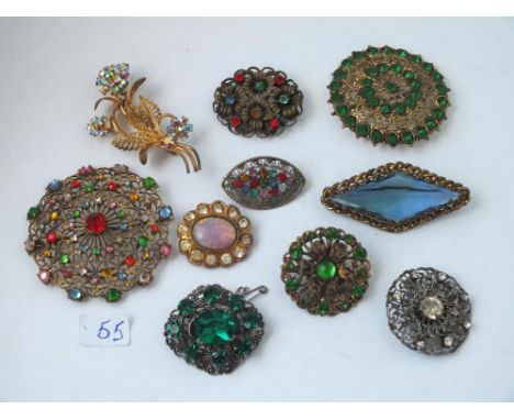 10 vintage stone set costume brooches