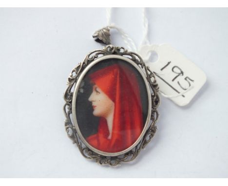 Vintage silver brooch pendand set with a miniature of a lady