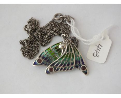 Art Nouveau style Pique a jour silver &amp; enamel pendant/brooch in the form of a butterfly/maiden, suspending from silver r