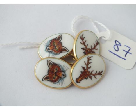 GOOD PAIR OF ENAMEL OVAL CUFFLINKS DEPICTING WILD LIFE IN 18CT GOLD