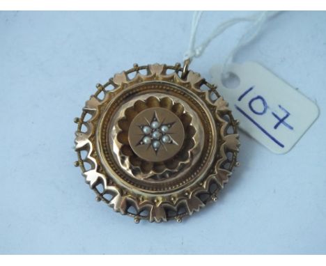 Victorian pearl set target brooch with locket in 9ct 
