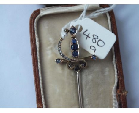 Good unusual Victorian sapphire sword stick pin with rose diamond guard 