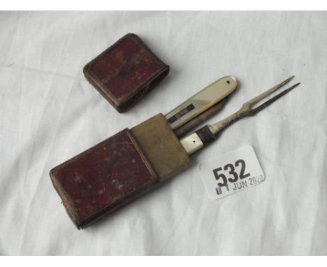 Georgian fruit knife and fork with MOP body - Sheffield 1796 by AH in the origianl red Morocco fitted case 