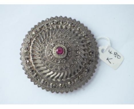 Large antique silver target style button with red glass centre