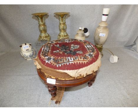Quantity of items including brass ware, stool, lamp, etcVictorian mahogany stool on turned legs, 2 alabaster table lamps & a 