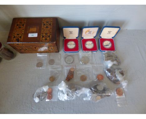 Parquetry tea caddy containing coins (mainly GB) PLEASE always check condition PRIOR to bidding, or email us a condition repo