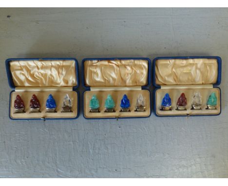 Good set of 12 white metal mounted menu/place name holders, each set with coloured stones to include Lapis Lazuli, Jade & Cry