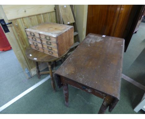 Old pine collectors 'cabinet' of 8 drawers, step ladder, circular oak occasional table & mahogany Pembroke table PLEASE alway