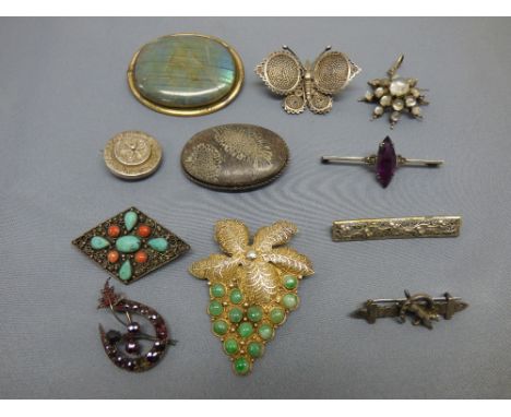 Chinese silver gilt jade set leaf brooch with a collection of nine other brooches PLEASE always check condition PRIOR to bidd