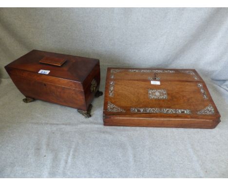 Victorian rosewood & mother of pearl inlaid writing slope & Victorian mahogany tea caddy on brass clawed feet PLEASE always c