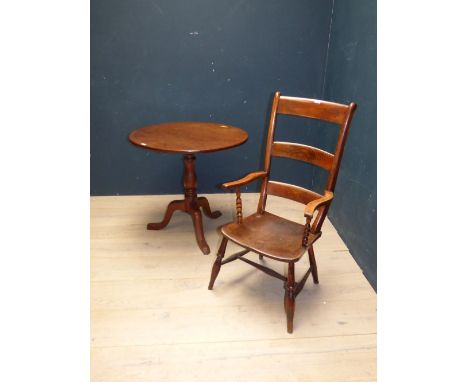 Circular tilt top occasional table 79 dia. x 74Hcm & oak ladder-back armchair PLEASE always check condition PRIOR to bidding,