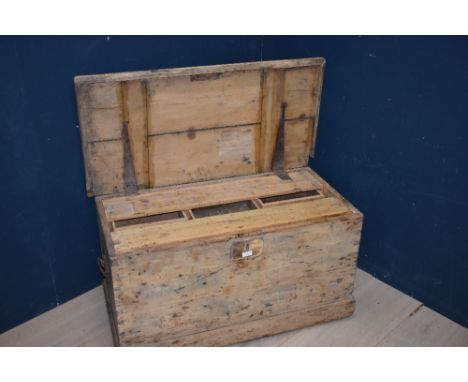 Pine trunk opening to reveal a fitted interior, 93W cm PLEASE always check condition PRIOR to bidding, or email us a conditio