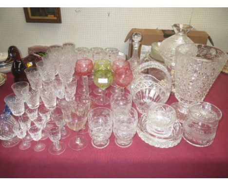 Qty of cut & pressed glassware incl. champagne saucers, 6 Waterford hock glasses & 9 coloured glass ornaments . there are app