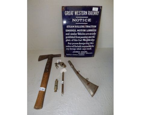Cast iron & enamel Great Western Railway notice sign, 2 whistles, horn & axe PLEASE always check condition PRIOR to bidding, 