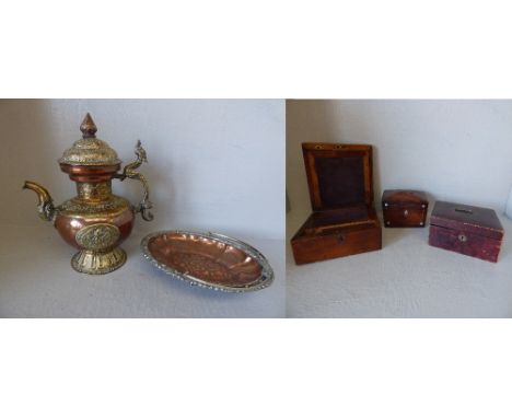 Victorian mahogany writing slope, Rosewood tea caddy, leather jewellery box, brass & copper kettle & wicker basket  PLEASE al