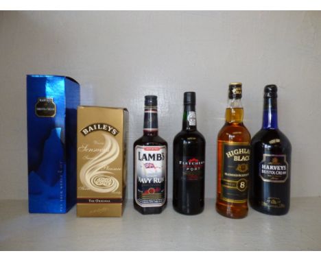 5 various bottles of 'Highland Black Scotch Whisky', 2 x 'Harvey's Bristol Cream, 'Lamb's Navy Rum', 'Fletcher Port' & 'Baile