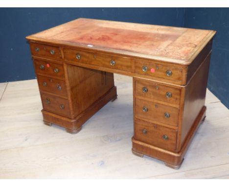 Victorian twin pedestal mahogany desk with 6 drawers, tooled leather top & bracket feet 76H x 123Wcm PLEASE always check cond
