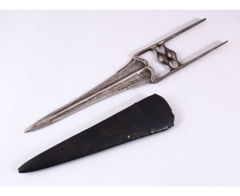 A GOOD 19TH CENTURY ISLAMIC KATAR STEEL DAGGER, with its leather sheath, 43cm.