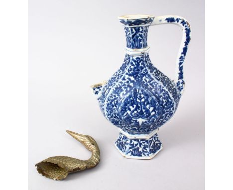 A CHINESE POSSIBLY KANGXI PERIOD BLUE &amp; WHITE PORCELAIN EWER, with a swan head white metal pourer?, 28cm.