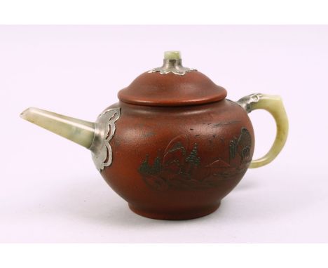 A 19TH / 20TH CENTURY CHINESE YIXING CLAY &amp; JADE TEAPOT, the pot with carved jade handle, spout and finial, the body with