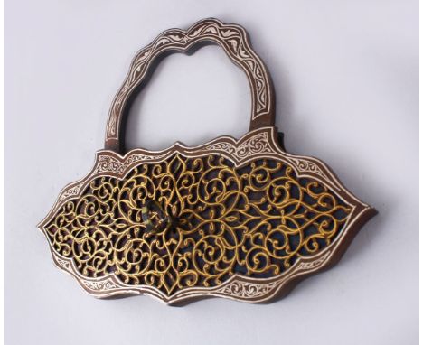 A FINE ISLAMIC QAJAR GOLD &amp; SILVER INLAID OPENWORK LOCK AND KEY, finely inlaid with gold and silver, with its working key