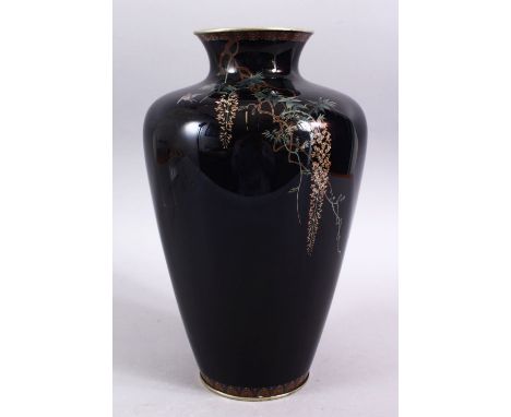 A GOOD LARGE JAPANESE MEIJI PERIOD CLOISONNE VASE, the body of the vase with a black ground, with silver wire decorated hangi