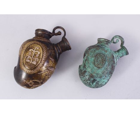 TWO USUAL MANGO SHAPED SILVER INLAID HUQQA BASES, 13cm and 11cm.