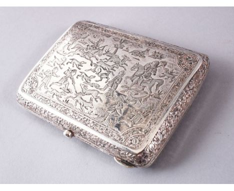 A FINE 19TH CENTURY PERSIAN QAJAR SILVER CHASED CIGARETTE CASE, with finely chased hunting scenes, 9cm x 6cm