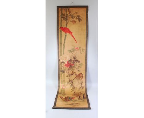 A 20TH CENTURY CHINESE PRINTED HANGING SCROLL PICTURE, depicting pheasants and other birds, 150cm x 42cm.