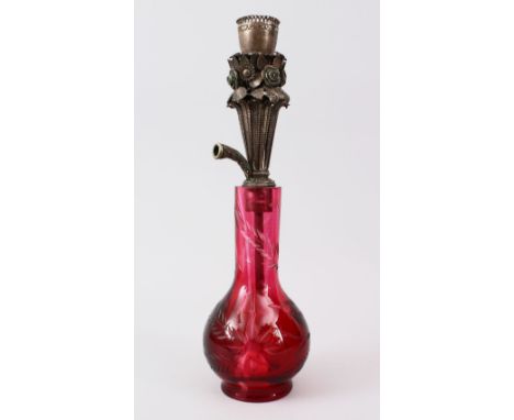 A 19TH CENTURY BOHEMIAN GLASS HUQQA BASE FOR THE ISLAMIC MARKET, including a large signed silver huqqa top, 44cm