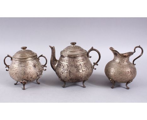 A GOOD 19TH CENTURY PERSIAN SILVER TEA SET, comprising a tea pot, 14cm high x 16cm wide, a cream jug 13cm high, a sugar jar &