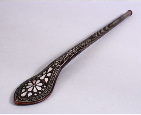 A GOOD 19TH CENTURY TURKISH OTTOMAN CARVED AND INLAID SILVER KASAGI, carved with mother of pearl inlaid decoration with silve