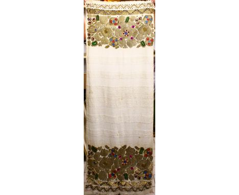 A LARGE 19TH CENTURY GOLD OR GILT SILVER EMBROIDERED TURKISH CEREMONIAL TOWEL, with embroidered decoration of floral borders 