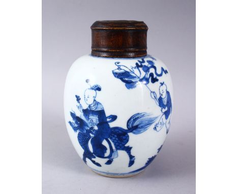 A GOOD CHINESE BLUE &amp; WHITE KANGXI PORCELAIN JAR &amp; COVER, decorated with decoration of boys in landscapes, with a car