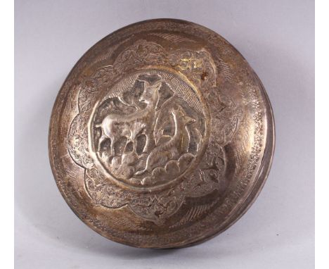 A GOOD 19TH CENTURY PERSIAN / ISLAMIC SILVER EMBOSSED DEER CYLINDRICAL BOX, the cover decorated with deer, the sides with for