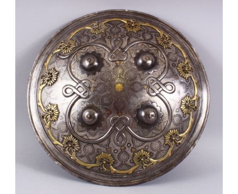 A FINE 19TH CENTURY INLAID GOLD AND SILVER STEEL SHIELD, with raised bosses and gold and silver inlays, 36cm.