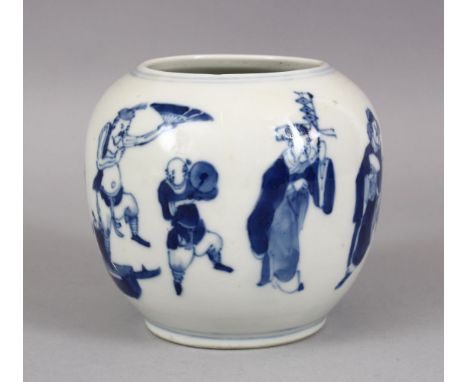 A CHINESE KANGXI STYLE BLUE &amp; WHITE IMMORTAL PORCELAIN JAR, decorated with many figures, the base witih a four character 