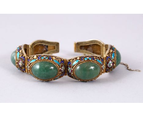A GOOD CHINESE 19TH CENTURY GILT SILVER FILIGREE, ENAMEL &amp; GREEN JADE BRACELET, 19cm open.