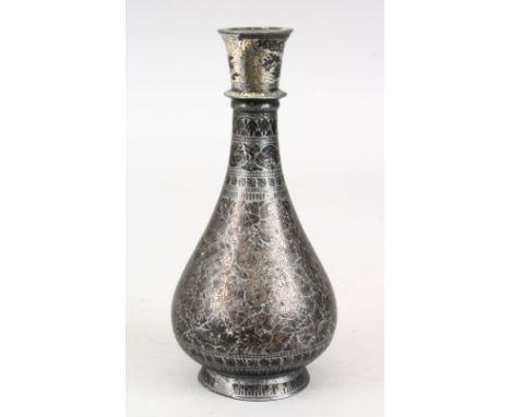 A 18TH/19TH CENTURY ISLAMIC INDIAN SILVER INLAID BIDRI VASE/HUQQA BOTTLE, 17.5cm high.