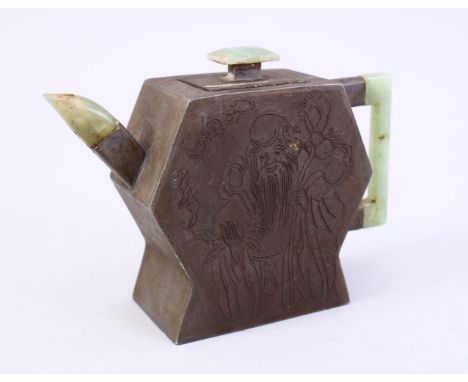 A CHINESE ZINN &amp; JADE TEAPOT, the body of the pot decorated with immortal figure and bats, the base with a four character