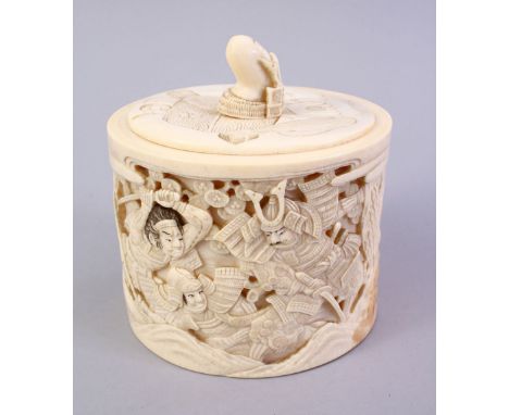 A GOOD QUALITY JAPANESE MEIJI PERIOD CARVED IVORY SAMURAI WARRIOR TUSK POT &amp; COVER, the pot finely carved with scenes of 