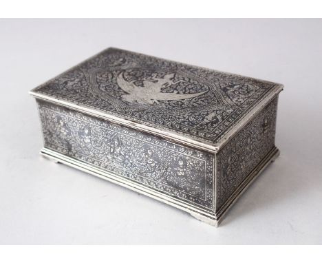 A 19TH CENTURY THAI NIELLO SILVER INLAID BOX, with figure and scroll decoration and a wooden liner, 13cm x 8cm