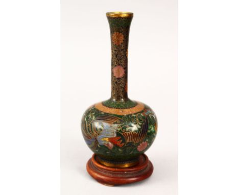 A GOOD JAPANESE MEIJI PERIOD CLOISONNE ENAMEL BOTTLE VASE, the body decorated with wire to depict scenes of butterflies upon 