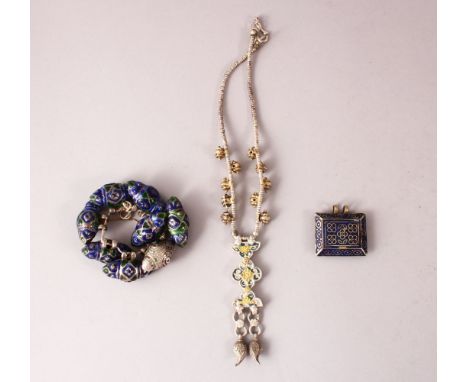 A COLLECTION OF THREE 19TH CENTURY INDIAN ENAMELLED SILVER JEWELLERY ITEMS,