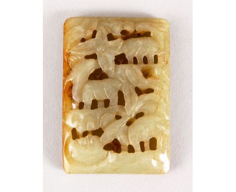 A GOOD 19TH / 20TH CENTURY CHINESE CARVED JADE PENDANT OF MYTHICAL BEASTS, in a landscape, 6cm.