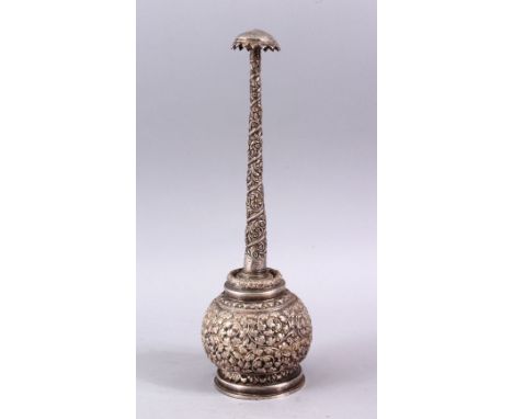 A GOOD 18TH / 19TH CENTURY INDIAN SILVER ROSE WATER SPRINKLER, with formal scrolling foliage, 29cm.