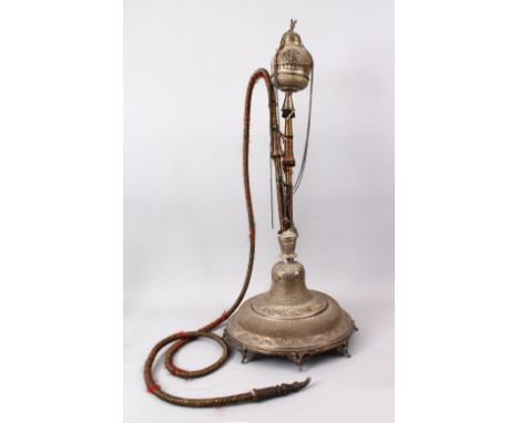 AN ORIGINAL COMPLETE 19TH CENTURY INDIAN MUGHAL SILVER HUQQA BASE, the base with carved floral borders and stud pattern raise